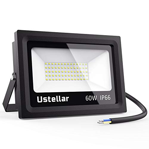 Ustellar 60W Projecteur LED Exterieur, IP66 Etanche, 5000K Blanc, 4800lm, Spot Lampe Projecteur Mural, Eclairage de Sécurité, Lumière pour Mur Jardin Terrasse Arbre, Equivalent Ampoule Halogène 300W