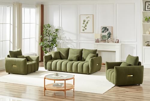 Image of Antetek Set of 3 Teddy Fabric Sofa for Living Room, Modern 2 Units Deep Seat Sofa Chairs and an Oversized 3-Seater Cloud Boucle Couch for Bedroom, Office, Apartment, Furniture Set, Green (3 Pieces)