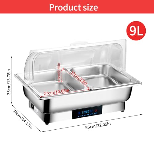 Elektrisch Chafing Dish, 9L Edelstahl Buffetwärmer, 35℃-90℃ Temperatur Einstellbar Speisenwärmer, Warmhaltebehälter mit Transparente PC Deckel für Buffet Catering Gastro und Party (3 Speisebehälter) – Bild 3