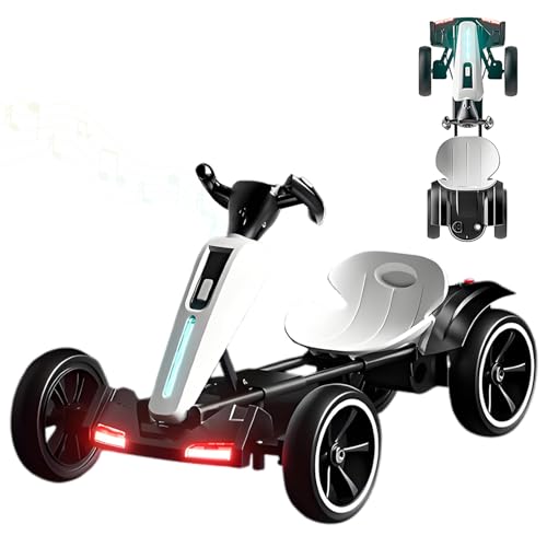 RIDEONMOP Kart eléctrico 6V para niños, Kart de pedales plegable con modos de inversión, juguetes con asiento ajustable, música, luces, arranque lento, kart de deriva para niños niñas 3+,blanco