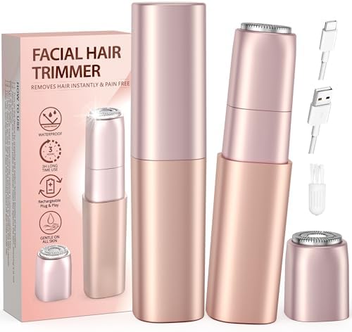 Facial Hair Remover for Women & Face Shaver - Rechargeable & Painless Electric Razor for Peach Fuzz, Comes with 2 Replacement Heads for Upper Lip, Chin & Face, Portable and Gift Ready