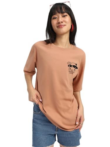 Image of JUNEBERRY Pure Cotton Oversized Baggy Fit Round Neck Drop Shoulder Swan White Back Graphic Printed T-Shirt for Women /Girls