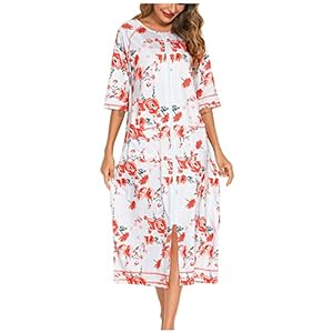 NSICBMNO Robe de Chambre à Fleurs pour Femme Peignoir Léger pour Dames Robes de Bain Longues avec Fermeture Éclair Pyjamas Manches 3/4 Robes de Nuit Zip Haut Cardigans Robes de Bain en Mousseline