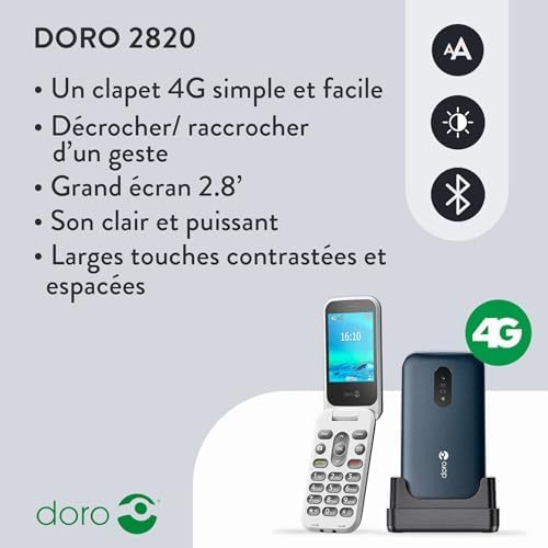 Doro 2820 4G Téléphone Portable à Clapet Débloqué pour Seniors - Grandes Touches Parlantes - Caméra - Bluetooth - Touche d'Assistance - Téléphone Portable Basique sans Internet (Rouge/Blanc)