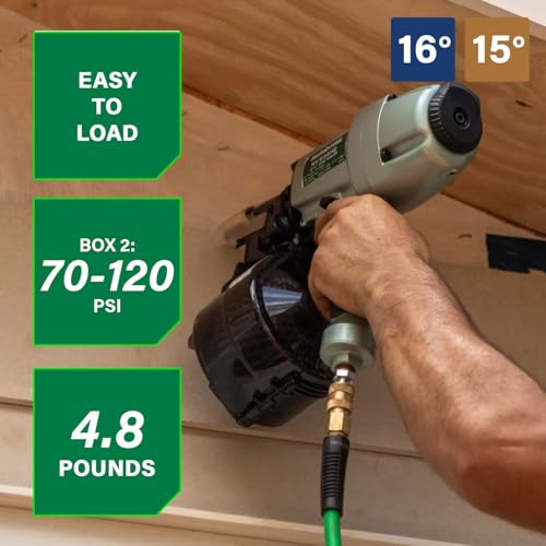 Metabo HPT Coil Siding Nailer, Pro-preferred Pneumatic Power Nailers in Siding Tools, For Sheathing, Decking & Fencing, 15° Plastic Collated Nails and 16° Wire Coil Nails, NV65AH2