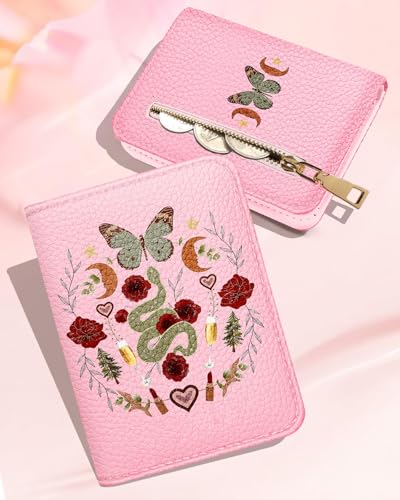 Image of Bistup Leather 12 Slot Accordion Card Holder Wallet, Butterfly Moon | Accordion Storage, Zipper Around Closure, Compact Patterned Wallet for IDs, Cards, Cash, Daily Carry and Gifts