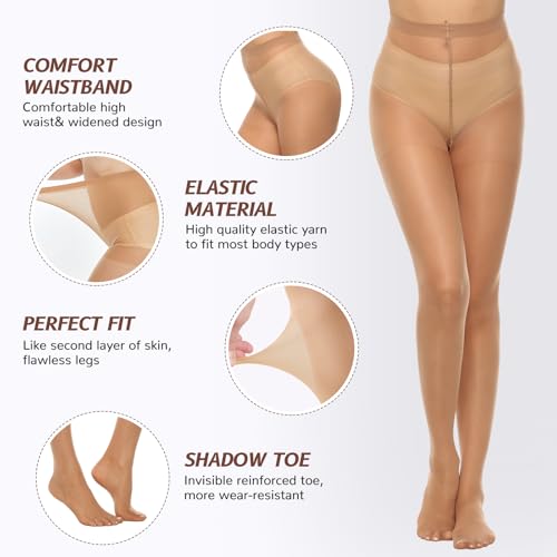 MANZI 6 Pairs Women's 20D Sheer Silky Pantyhose Run Resistant Nylon Tights High Waist Stockings with Control Top