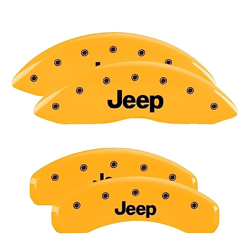 Image of MGP Caliper Covers for Jeep Grand Cherokee 2011-22 with Yellow Powder Coat Finish Engraved Silver Jeep Logo, Front and Rear Caliper Cover (Set of 4)