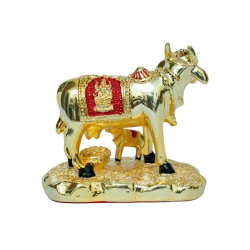 Image of Gold Plated Cow and Calf Idol | Medium Size Gomata Statue for Home Temple & Vastu | Prosperity Showpiece for Pooja & Decor | Hindu Sacred Cow Figurine | 9 x 6 x 10 cm