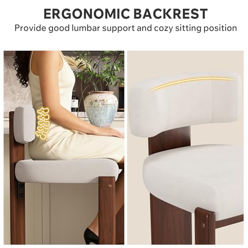 Image of Bar Stools Set of 2, Upholstered Counter Height Bar Stools, Mid Century Modern Counter Stools with Curved Backrest, Solid Wood Legs, 26 inch Bar Chairs for Kitchen Island Bar, Beige