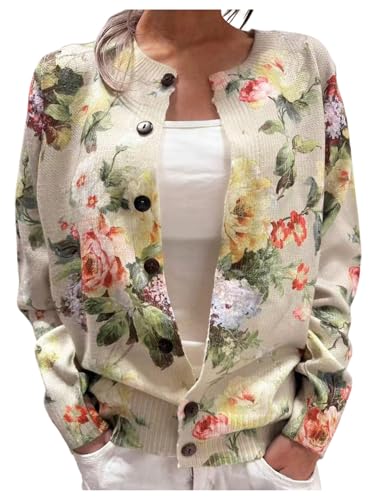 GORGLITTER Women's Flower Cardigan Sweaters Fashion Trendy Floral Print Button Up Long Sleeve Vintage Boho Cardigan Green Medium
