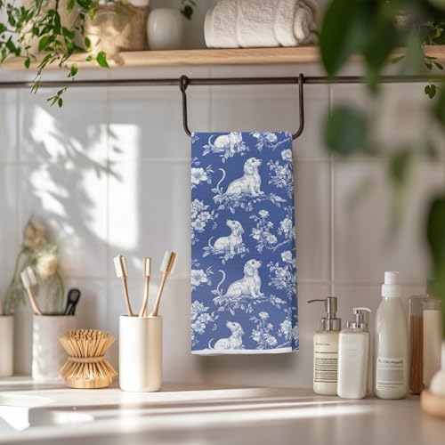 Image of Chinoiserie Dachshund Kitchen Towels, Dachshund Weiner Dog Lover Gifts Dish Tea Towels for Kitchen Decor, Grandmillennial Weiner Dog Decorative Hand Towels for Bathroom, 16x24 Inch