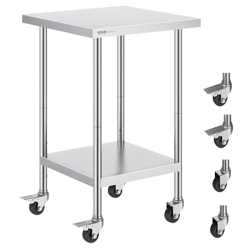 Image of VEVOR Stainless Steel Work Table 24 x 24 x 38 Inch, 700 LBS Load Capacity with 4 Wheels, 3 Adjustable Height Levels, Heavy Duty Food Prep Worktable for Commercial Kitchen Restaurant, Silver
