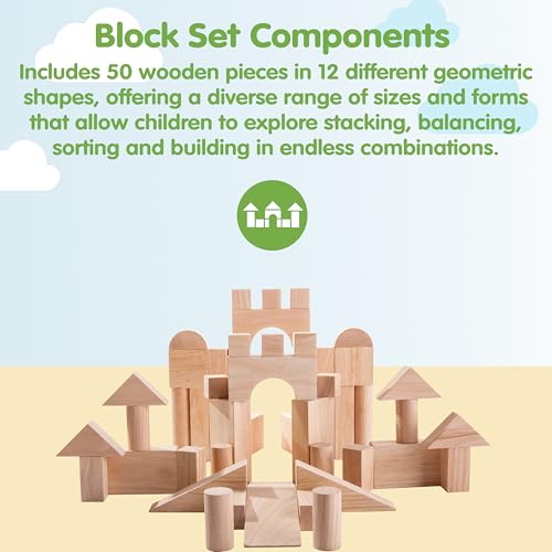 Image of PlanToys Wooden 50 Piece Unit Block (35 mm) Building Set (5502) | Sustainably Made from Rubberwood and Non-Toxic Paints and Dyes | PlanNatural Classic Wooden Toy Collection