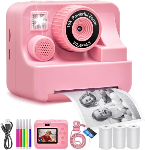 Kids Camera Instant Print, Christmas Birthday Gifts for Kids Age 3-12, Selfie Digital Camera with 1080P Videos,Toddler Portable Travel Camera Toy for 4 5 6 7 8 9 Year Old Boys (Pink)