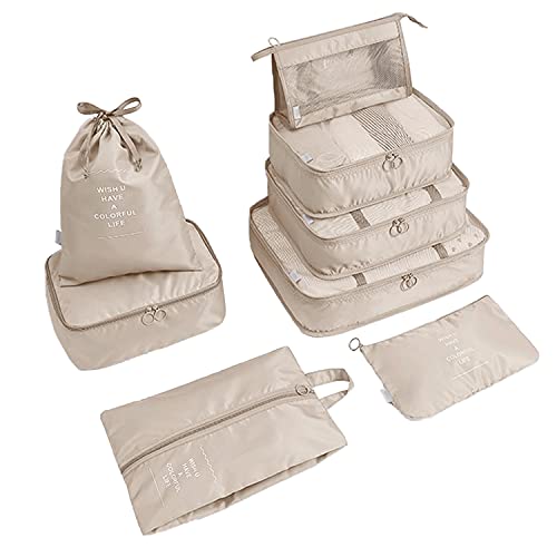 MisFox Ensemble de 8 Organiseurs de Bagage Étanche Sacs Rangement de Valise Sac Organisateurs Voyage Emballage Cubes pour Vêtements Cosmétiques Chaussures Beige Cover