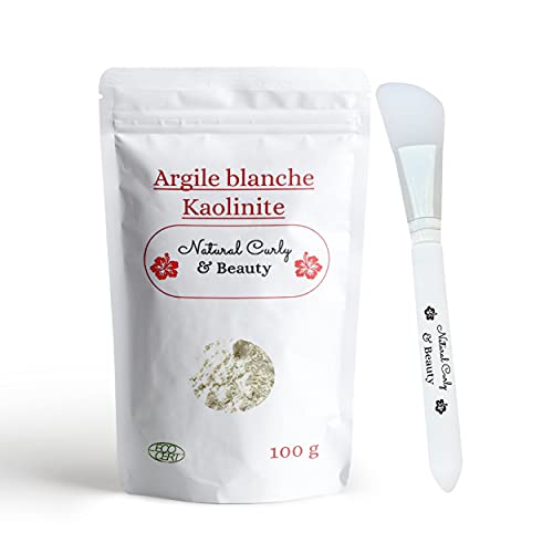 Argile blanche kaolin avec pinceau applicateur de masque en silicone-VISAGE, CORPS et CHEVEUX- Certifiée Eco-Cert -Reminéralise et favorise l'élimination des toxines - Argile française