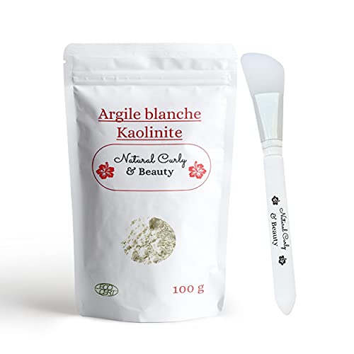 Argile blanche kaolin avec pinceau applicateur de masque en SILICONE -VISAGE, CORPS et CHEVEUX- Certifiée Eco-Cert -Reminéralise et favorise l'élimination des toxines