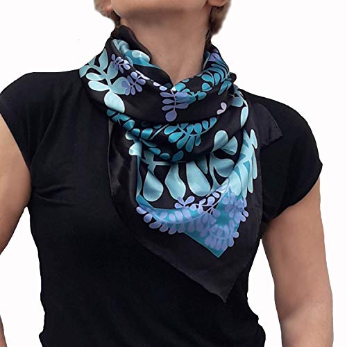 Designer Square Silk Scarf Hand Painted and Printed in Black and Turquoise Blue, Large Neckerchief, Head Shawl, Gift for Lady2