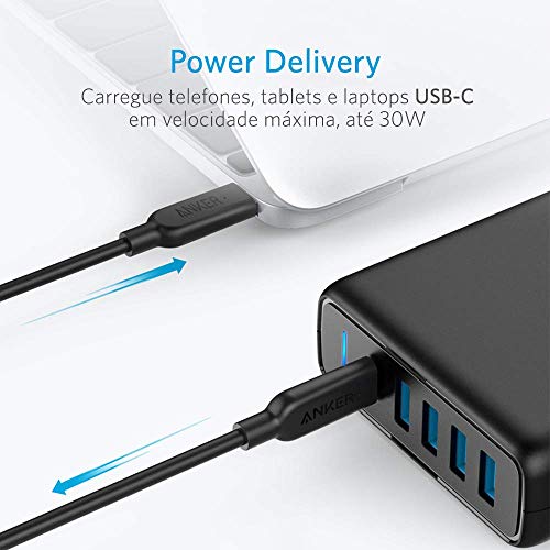 Carregador de Tomada PowerPort Speed Anker, 1 USB-C + 4 USB, 60W de potência, Carregamento Rápido, P