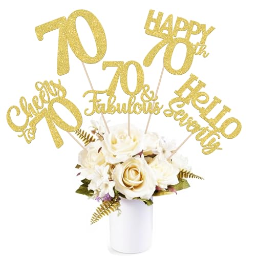 15 PCS 70th Birthday Centerpiece Sticks Hello Seventy Happy 70 Table Flower Centerpieces Sticks Cheers to 70 Fabulous Floral Decorations for 70th Birthday Party Table Centerpieces Supplies Gold