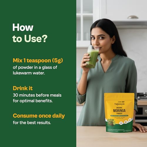 Image of Tata 1mg Tejasya Organic Moringa Powder | Ayurvedic Superfood for Weight Management & Immunity and Detox | With Amla & Pippali for Better Absorption | Non-GMO & Preservative-Free | 200 g