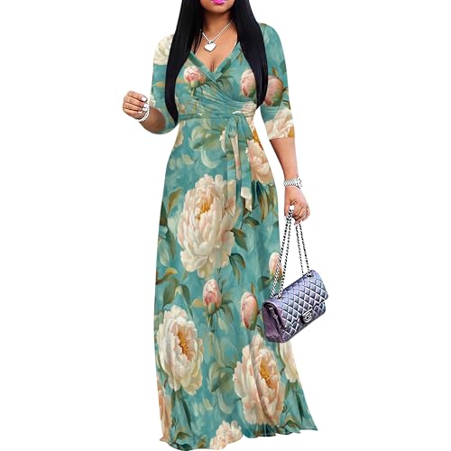 Image of Plus Size Maxi Dress for Women V Neck 3 /4 Sleeve Wrap Dress