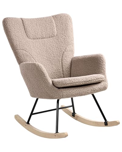 Beliani Fauteuil à Bascule Moderne en Bouclé Rembourré Pieds en Bois Meuble Chambre Enfant Taupe Sandve