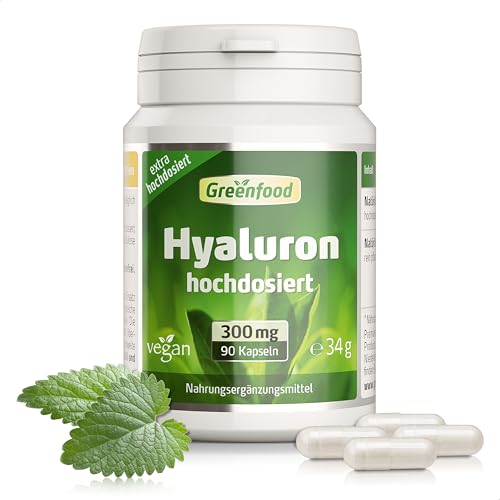Hyaluron, hochdosiert, 300mg - 90 Kapseln, vegan. 300 mg reine Hyaluronsäure pro Kapsel - gewonnen durch natürliche Fermentation. OHNE künstliche Zusätze - laborgeprüft. Von Greenfood.