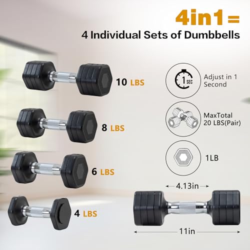 Image of Adjustable Dumbbell Set of 2 Total 20 Lbs 4-in-1 Each 4lb 6lb 8lb 10lb 1s-Adjust Dual-Stable Free Weights for Women Men Home Gym Outdoor Workouts