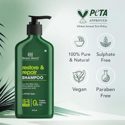 Image of Botanic Hearth Restore & Repair Shampoo with Tea Tree Oil & Salicylic Acid | Clarifying & Anti-Dandruff Shampoo | Deep Cleanses & Soothes Scalp| Sulfate & Paraben Free, 473ml