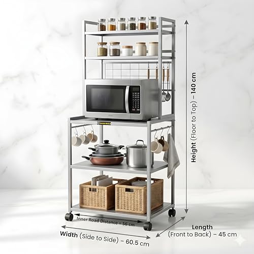 Image of Metal Microwave Oven Stand with Storage Shelves & Hooks | Heavy Duty Multi-Level Kitchen Rack with Wheels | Appliance Organizer (MS 5 Silver)
