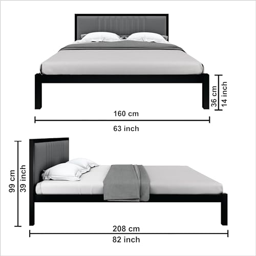 Image of Homdec Venus Wall-Supported Upholstered Headboard Metal Bed (Black, Queen (U.K. Standard))