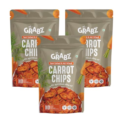Image of GRABZ Crunchy Carrot Chips | Solar-Dried, Air-Cooked | Vitamin-Rich, Low Fat Healthy Snack - 20g Each (Pack of 3)