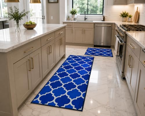 Image of Matz&More Anti Slip Kitchen Runner & Doormat Combo (50x120cm + 40x60cm), Nylon Tufted Floor Mat with Rubber Backing, Carpet for Kitchen, Bathroom, Entrance & Bedside, Trellis Two Toned Blue