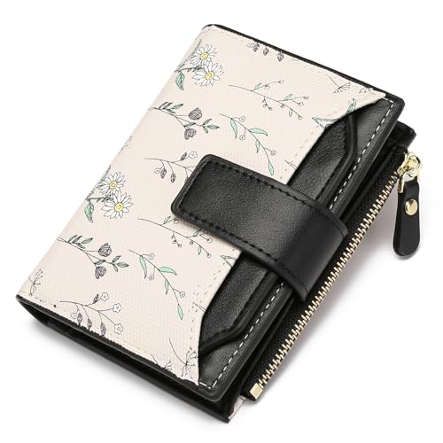 Image of GAEKEAO Small Wallets Woman RFID Blocking Vegan Leather Bifold Floral Ladies Compact Card Holder with Zipper Pocket ID Window