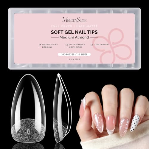 Image of MelodySusie Medium Almond X Nail Tips - 16 Sizes 160 Pcs | Pre-Shaped Soft Gel,Half Matte Full Cover Clear Acrylic Press on Nails for DIY Extension&Salon,Long-Lasting Manicure