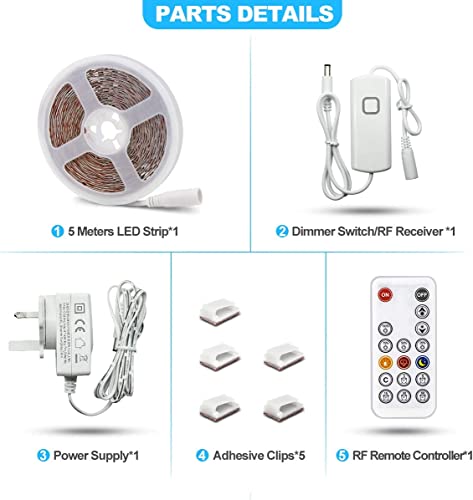 LED Strip Lights Warm White, 5m Dimmable LED Light Strip with RF Remote, 300 Bright 3000K 2835 LEDs, Plug-in Adhesive Rope Lights with Timing Mode for Living Room Bedroom Kitchen Cabinet Mirror Decor