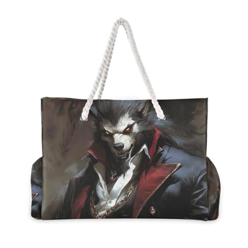 Scary Werewolf Gothic Beach Bag for Women Large Beach Tote Bag with Zipper for Travel Vacation