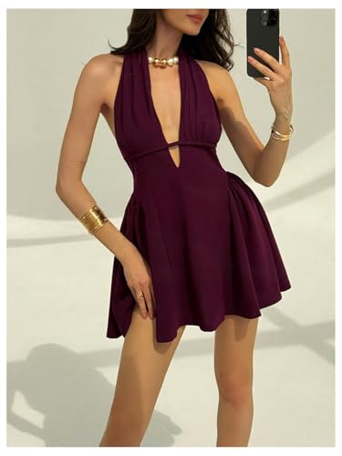 MakeMeChic Women's Halter Mini Dress Backless Sleeveless Deep V Neck A Line Party Formal Dresses3