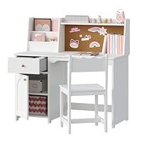 Treocho Kids Study Desk and Chair Set, Kids Desks with Tiltable Desktop and Hutch，Wooden Children Study Table with Fabric Drawers for 5-12 Years Old, Student Writing Desk Bedroom, Home School，White