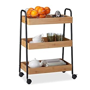 Relaxdays 10025003 Chariot de Service Bambou 3 Étages Roues Pivotant à 360° Poignées Cadre en Acier HLP 70x49x28cm, Nature, Naturel/Noir, 70 x 49,5 x 28 cm