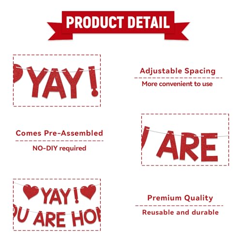 Image of Yay! You're Home! Banner - Welcome Back to Home Sign, Family Reunion Party Bunting Sign, Welcome Home Party Decorations Red Glitter