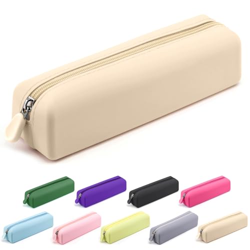 Image of Silicone Pencil Case, Pencil Case Small, Pencil Pouch Aesthetic, Pencil Bag, Pencil Pouch for Women, Makeup Pouch Khaki