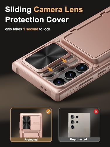 Image of Vihibii PC For Samsung Galaxy S24 Ultra Back Cover With Slide Camera Cover & Card Holder (4 Cards) & Kickstand, Hard Case For Galaxy S24 Ultra, Rose Gold