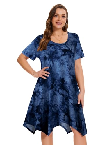 Image of ZENNILO Plus Size Tshirt Dress with Pockets Casual Summer Dresses Crew Neck Short Sleeve Swing Dress for Women