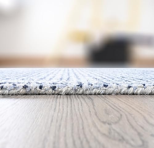 Image of Hand-Tufted 100% Wool Pile Area Rug - Geometric Textured Grid Check Pattern - Thick and Durable Floor Carpet for Bedroom, Living Room, Kids Room, and Dining Area (Navy Blue, 5' x 5')