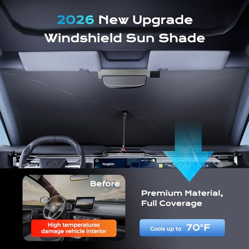 Image of [2026 Upgrade] Coverado Windshield Sun Shade, UPF80+ Sunshade for Car Windshield Blocks Heat & UV Rays, Thickened Vinyl Coating Keep Cool Protect Interior, M 57 inchx32 inch for Sedans /SUVs