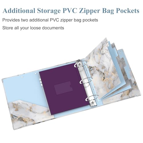 Image of 3 Ring Binder, 3 Inches Round Ring Binder with Clipboard, Dividers Tabs, PVC Zipper Bag Sleeves & to Do List Planners for Women, Men, School, Office Supplies, White Marble