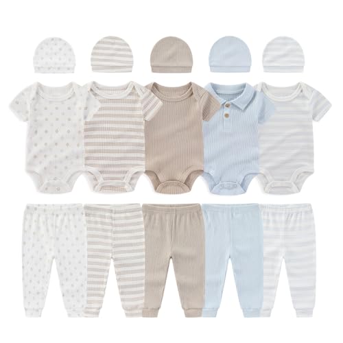 Image of BABYSOLIS 0-12 Months Unisex Baby Pants Sets New born Bodysuit and Hats 15 Pack Boy Girl Infant Comfort Outfit Clothes